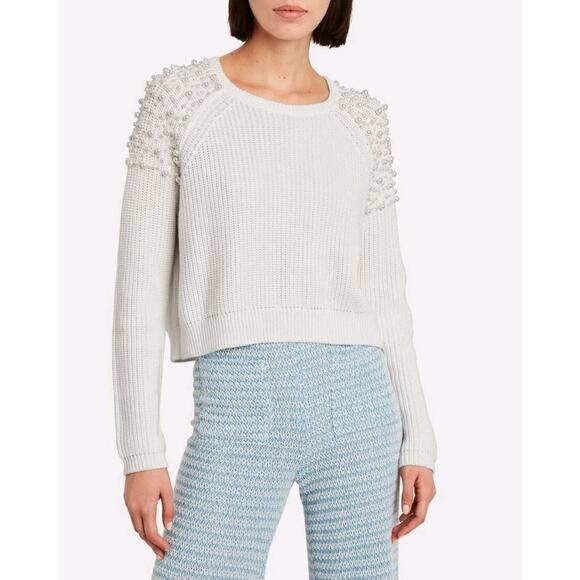 Mason Sweaters - Michelle Mason White Pearl Embellished Long Sleeve Cotton Knit Sweater Size P